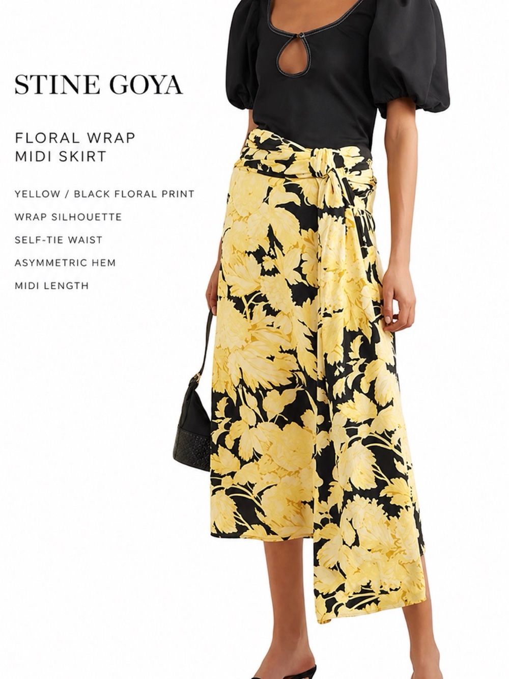 Stine Goya Yellow & Black Floral Wrap Midi Skirt Size XL